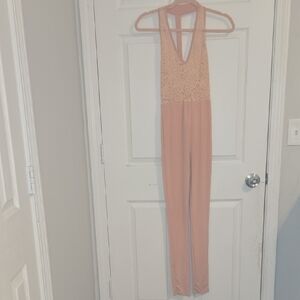 Elegant Lace Neck Jumpsuit in Blush Pink